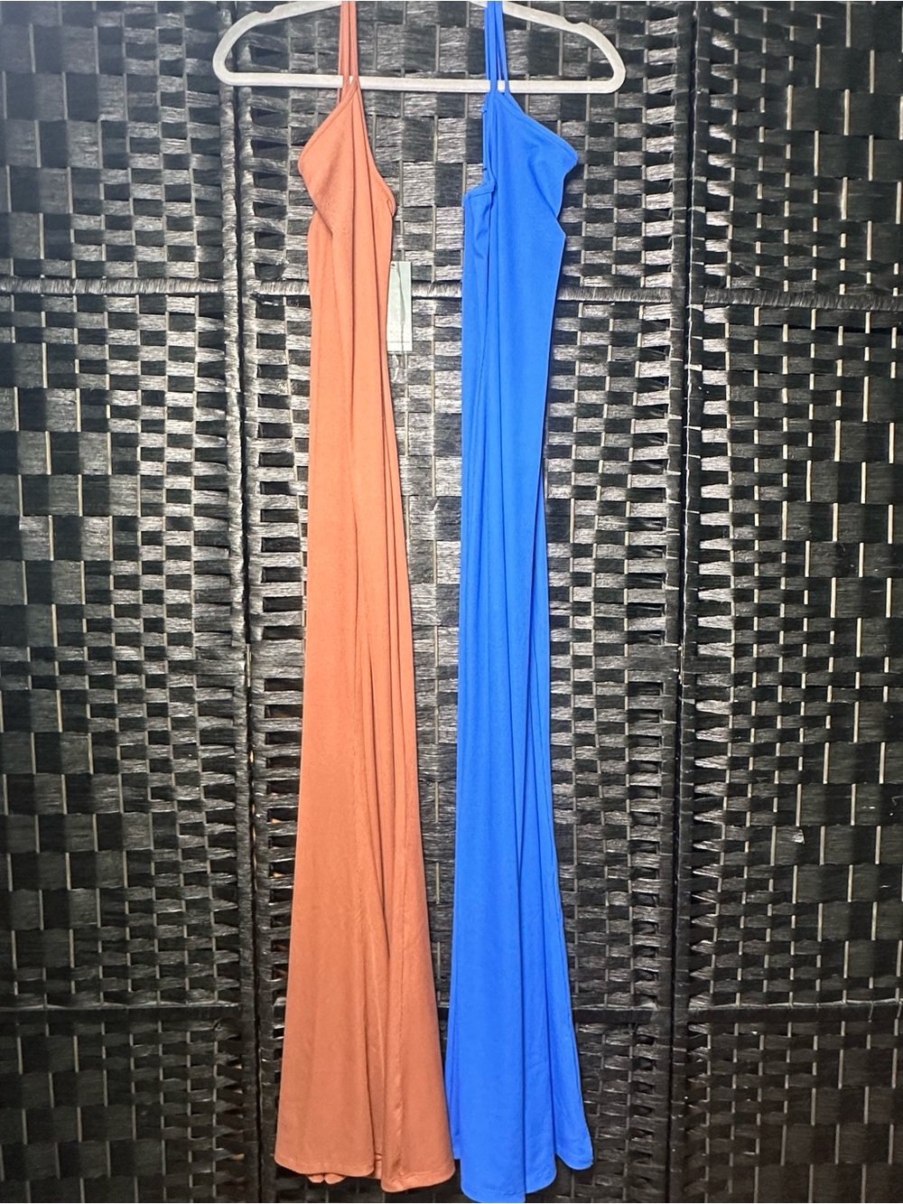 TWO Women's Maxi Sheath Long Ribbed Dress-M-Brown/Royal Blue-Spaghetti Strap NWT